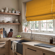 Mustard Yellow Linen Roman Blinds in a Warm Contemporary Kitchen with Open Wood Shelving - Blackout Lining