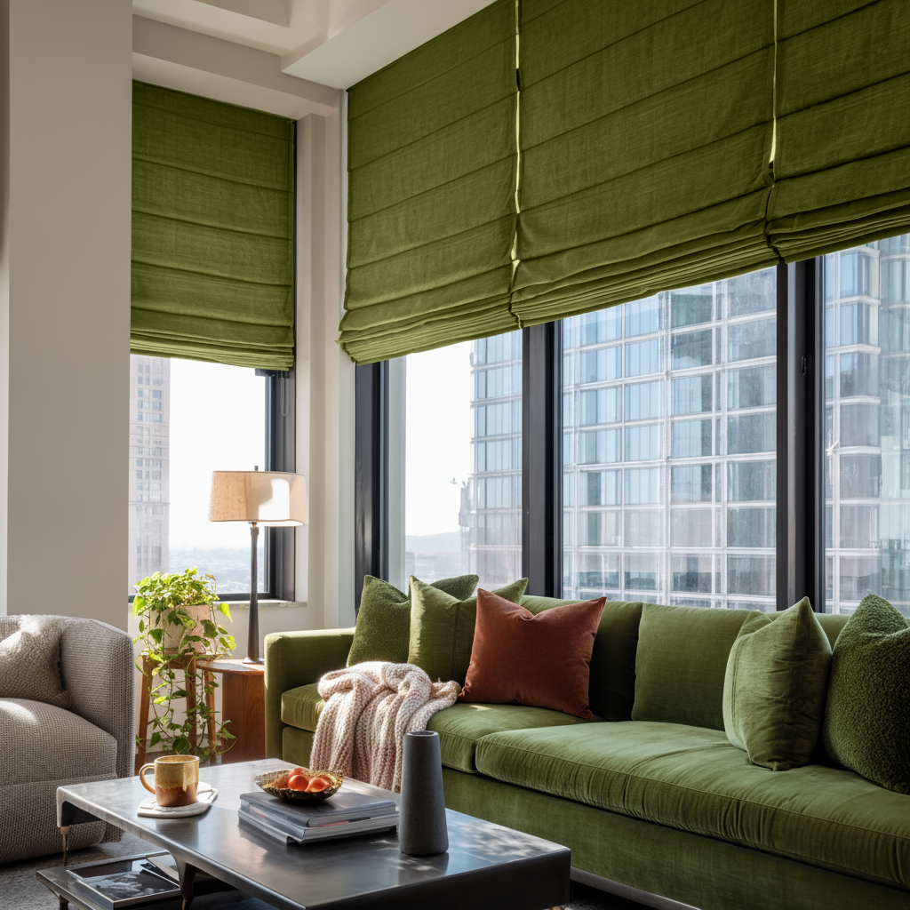 Moss Green Linen Roman Blinds - Blackout Lining