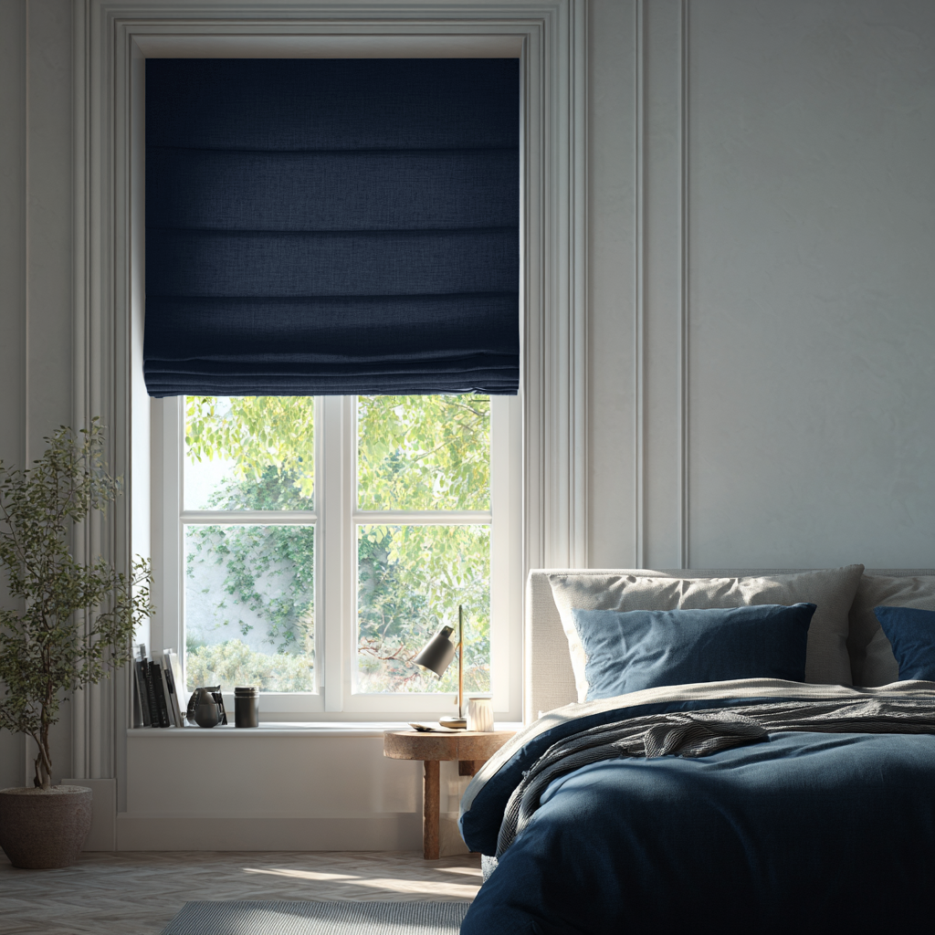 Peacock Blue Linen Roman Blinds - Blackout Lining