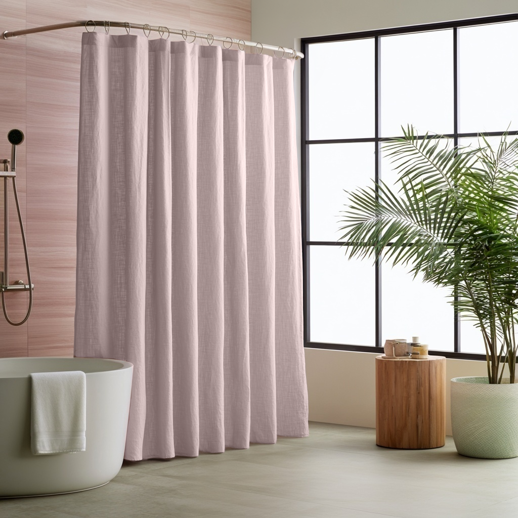 Dusty Pink Linen Button-Hole Top Shower Curtain in a Modern Bathroom