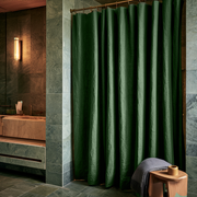 Linen Button-Hole Top Shower Curtain Forest Green in a Luxury Bathroom with Slate Tile Walls