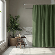 Linen Button-Hole Top Shower Curtain Sage Green in a Modern Bathroom with White Marble Walls