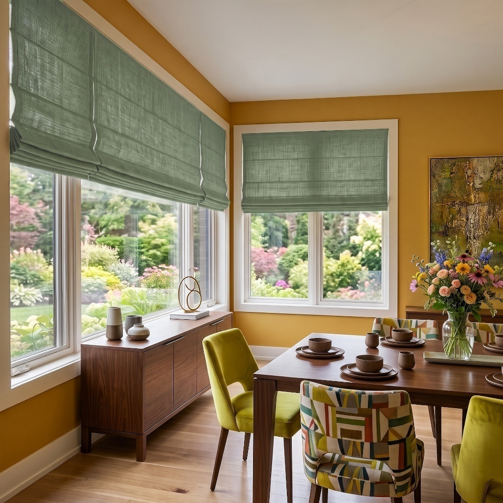 Asparagus Roman Blinds in a Dining Room with Mustard Yellow Walls and a Wooden Dining Table