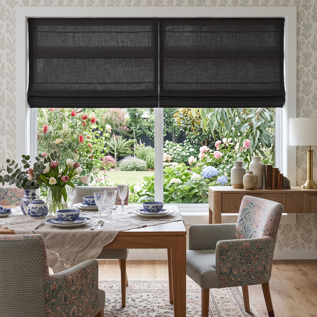 Charcoal Cordless Linen Roman Blinds in a Traditional Dining Room with Patterned Wallpaper and a Wooden Dining Table