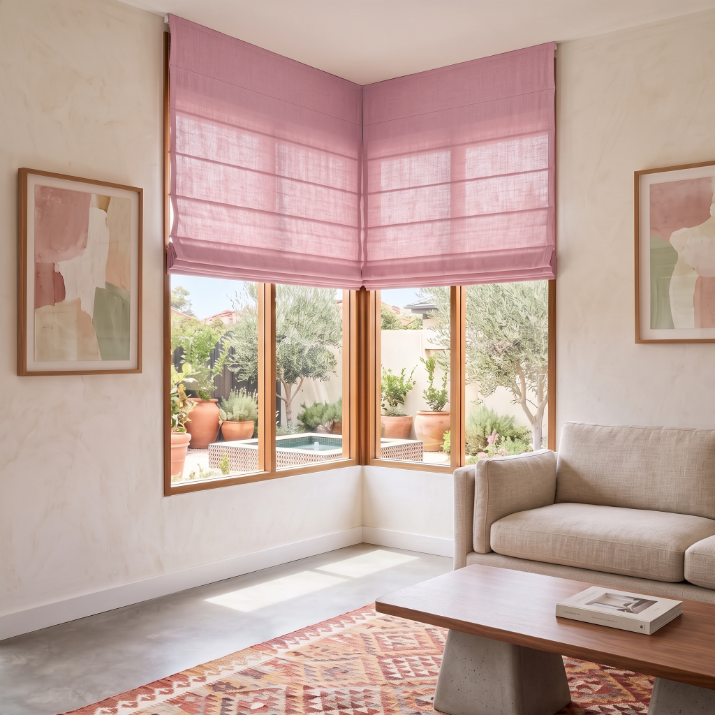 Dusty Rose Roman Blinds in a Modern Living Room with Cream Walls and a Geometric Pattern Rug
