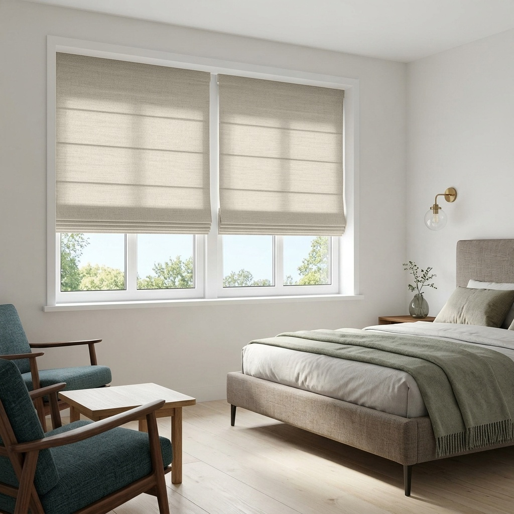 Heavy Ecru Roman Blinds in a Contemporary Bedroom