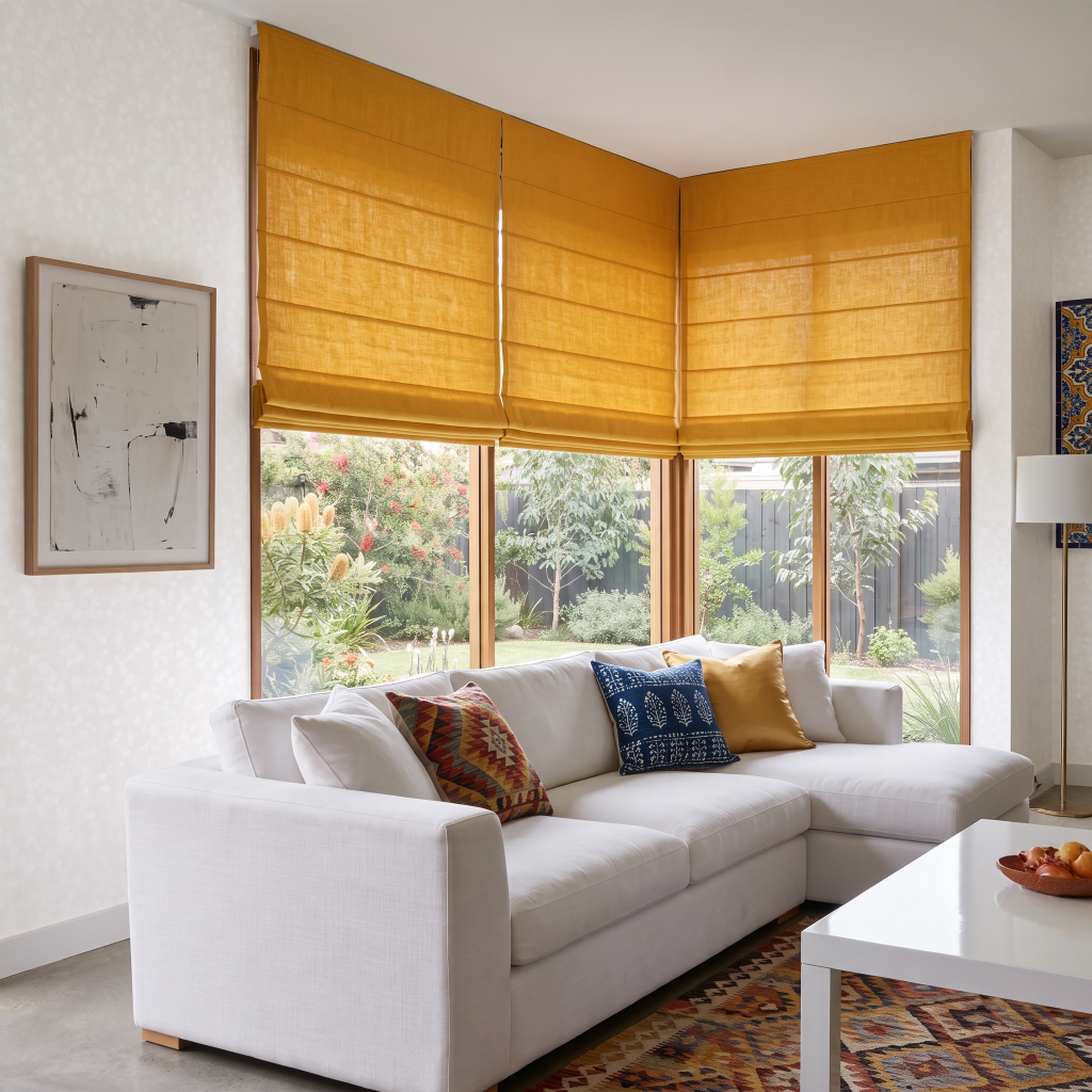 Yellow Roman Blinds in a Contemporary Bedroom with Light Gray Walls