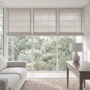 Natural Roman Blinds in a Mountain View Bedroom with Off-White Walls