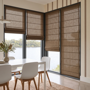 Tawny Brown Cordless Linen Roman Blinds in a Dining Room with Striped Wallpaper and a White Dining Table