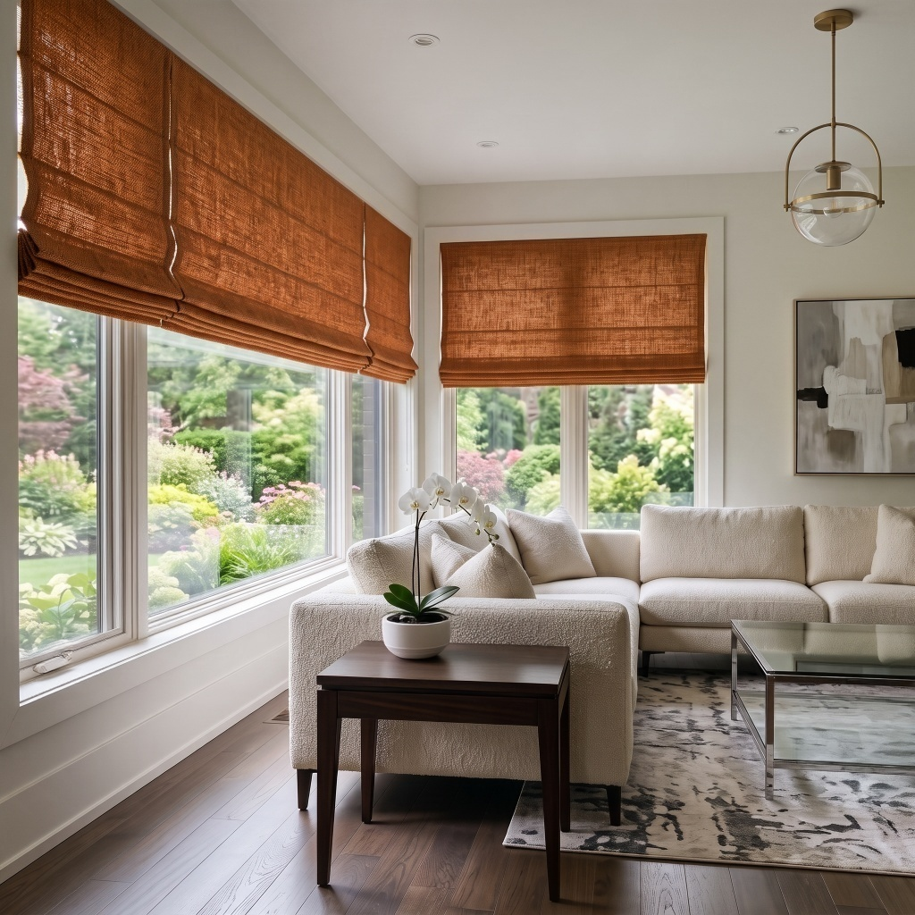 Terracotta Heavy Weight Linen Cordless Roman Blinds in a Contemporary Living Room with White Walls and Cream Sectional Sofa