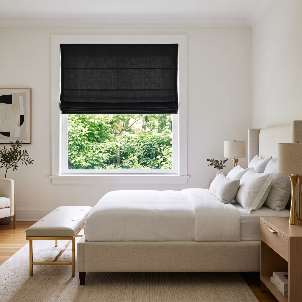 Black Roman Blinds in a modern bedroom with cream-coloured walls and a wooden bed frame