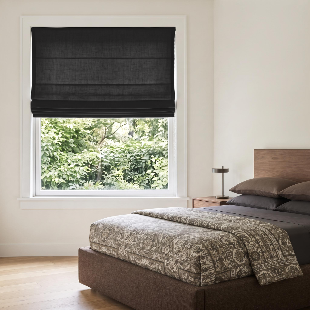 Charcoal Cordless Linen Roman Blinds in a Modern Bedroom with Off-White Walls and Brown Patterned Bedding