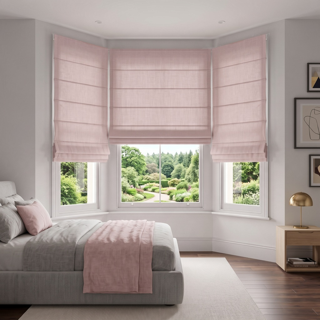Dusty Pink Roman Blinds in a Modern Bedroom with Neutral Walls and a Grey Upholstered Bed