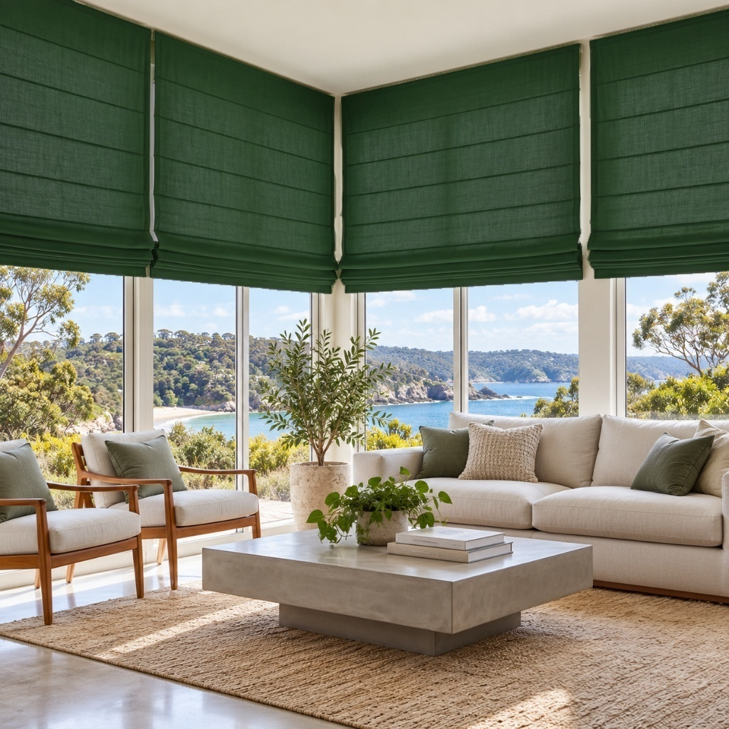 Forest Green Linen Cordless Roman Blinds in a Modern Living Room with White Walls and a Coffee Table