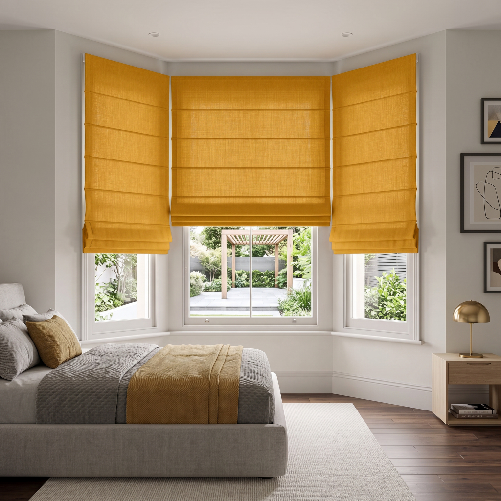 Yellow Roman Blinds in a Dining Room with Sage Green Walls and White Dining Chairs