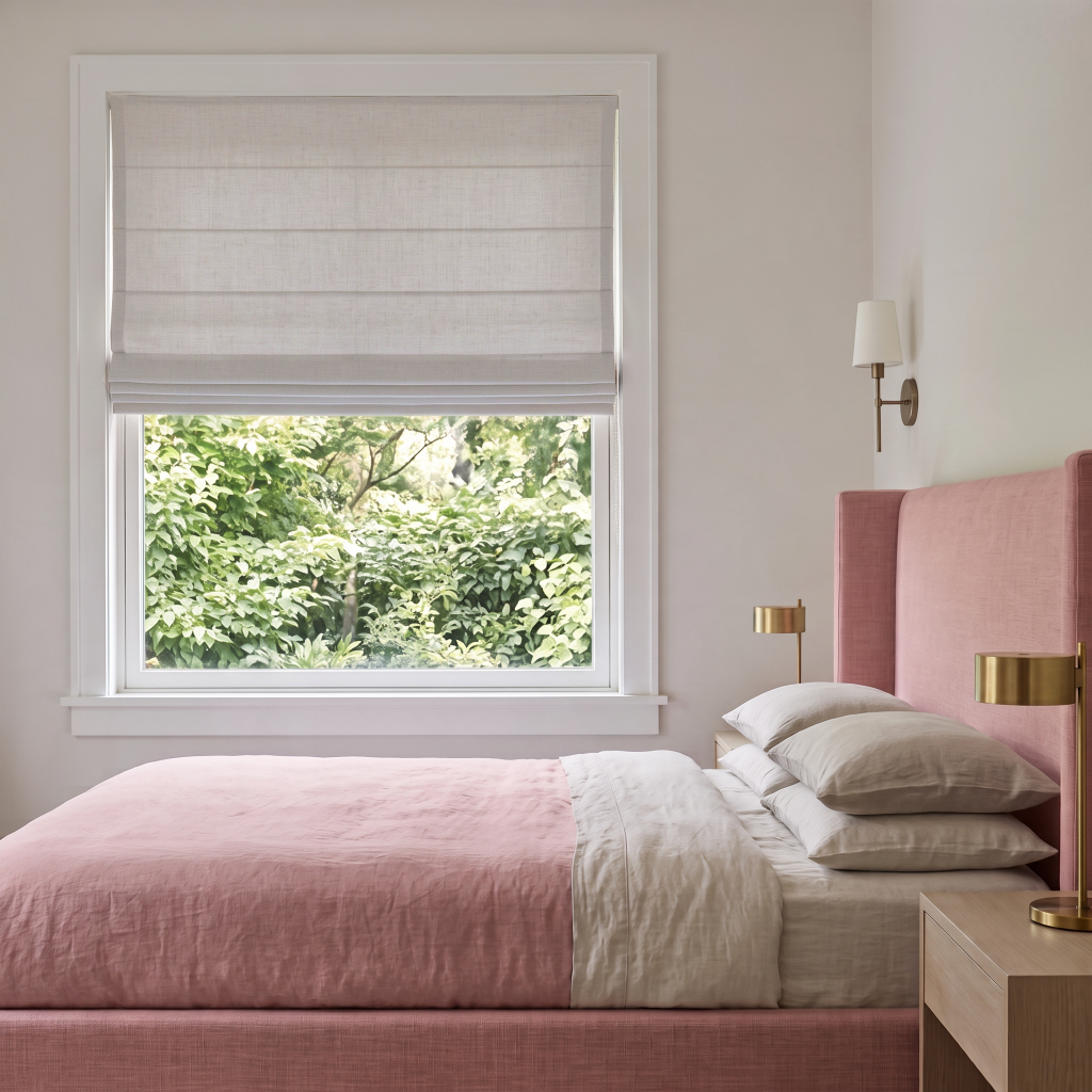 Natural Roman Blinds in a Modern Bedroom with Off-White Walls and a Pink Wingback Bed