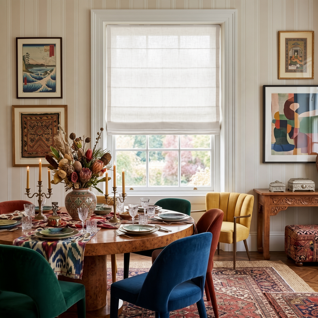 Off-White Roman Blinds in a Dining Room with Striped Wallpaper and a Wooden Dining Table and Velvet Dining Chairs