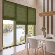 Olive Green Cordless Linen Roman Blinds in a Minimalist Dining Room with Striped Accent Wallpaper
