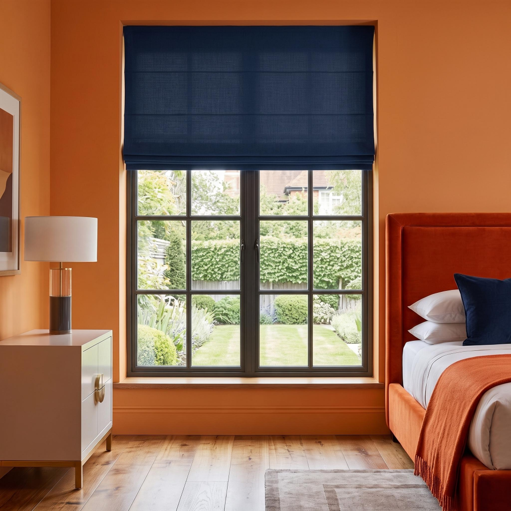 Royal Blue Linen Cordless Roman Blinds in a Modern Bedroom with Orange Walls, an Orange Velvet Bed