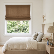 Tawny Brown Cordless Linen Roman Blinds in a Modern Bedroom with Off-White Walls