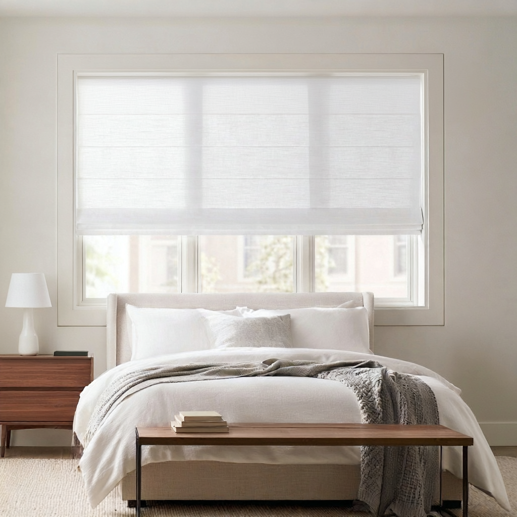 White Linen Cordless Roman Blinds in a Modern Bedroom with Off-White Walls and a Wooden Bench