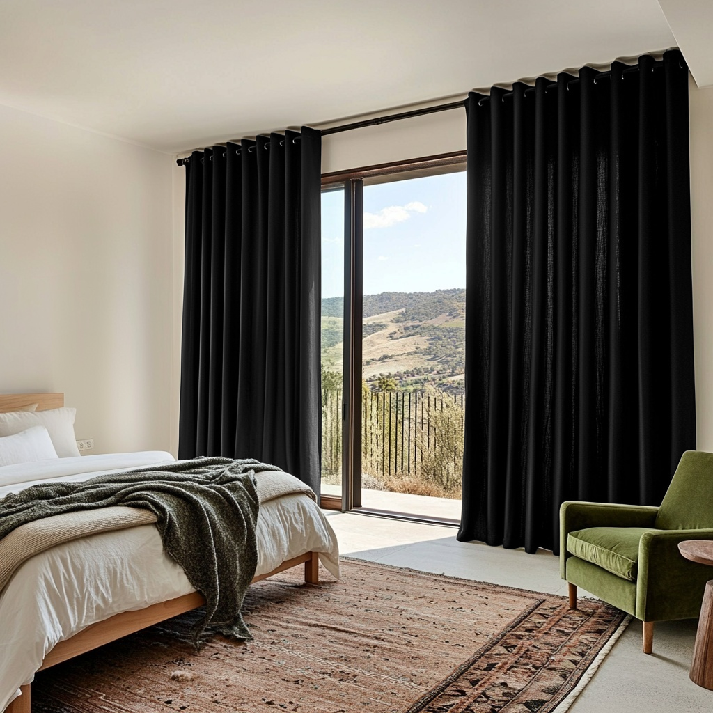 Black Linen Eyelet Curtains in a Minimal Bedroom with Warm Beige Walls and a Green Accent Chair - Cotton Lining
