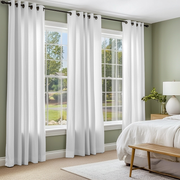 White Linen Eyelet Curtains in a Soft Green Bedroom With Two Large Windows and White Bedding - Cotton Lining