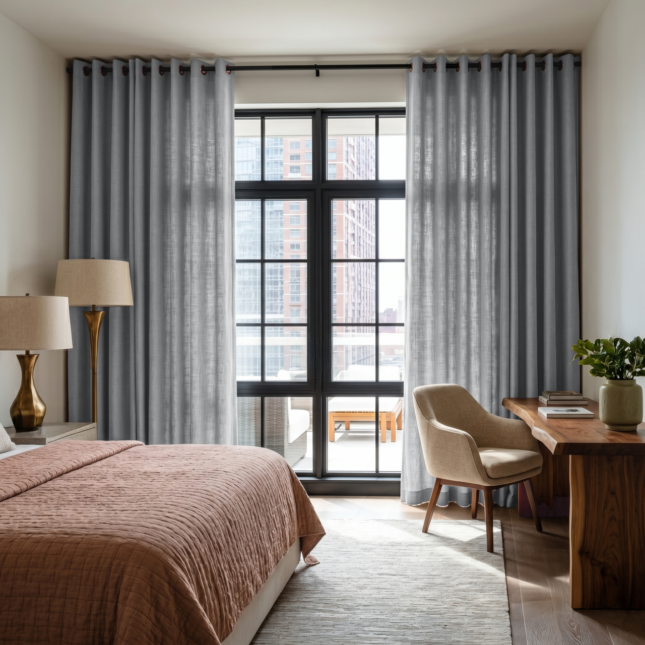 Stone Grey Linen Eyelet Bedroom Curtains in a Modern Bedroom with Cream Walls