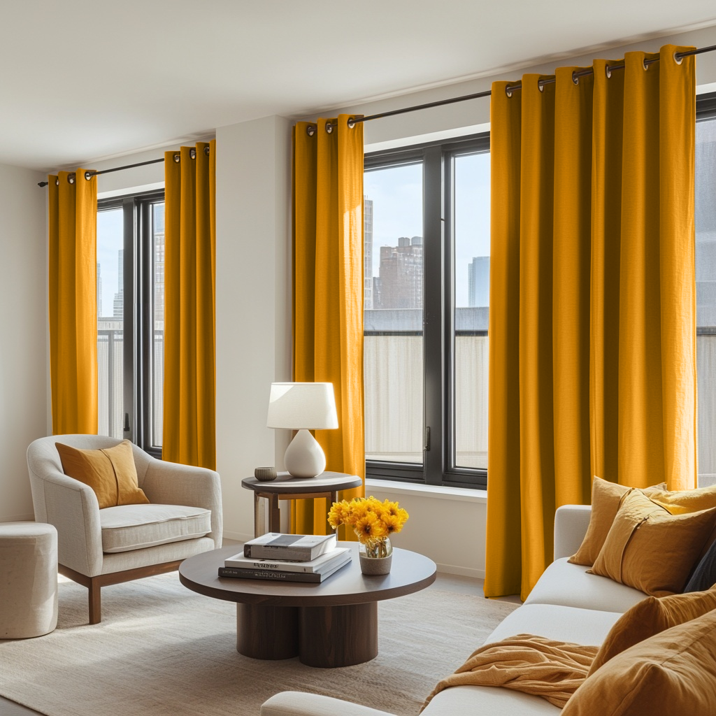 Mustard Yellow Linen Eyelet Curtains - Blackout Lining