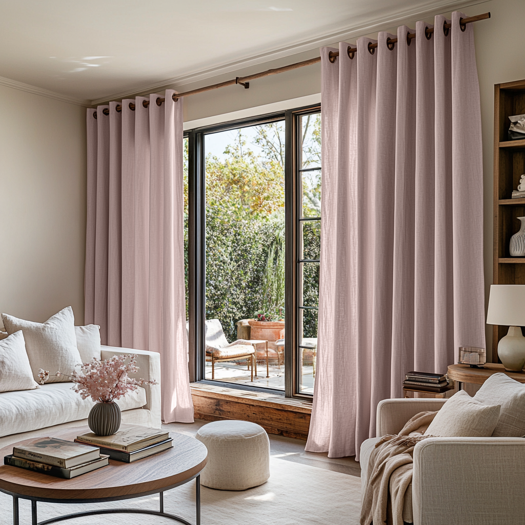 Dusty Pink Linen Eyelet Curtains - Cotton Lining