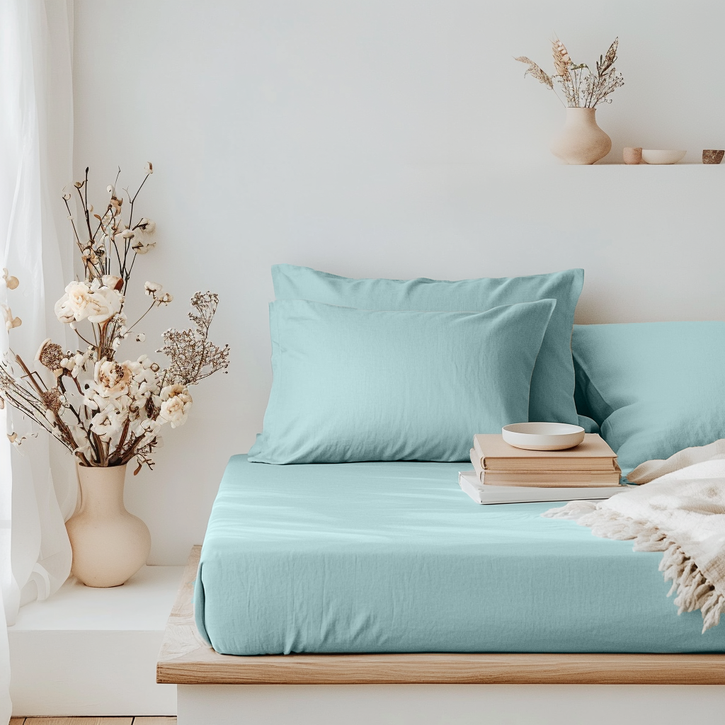 Aquamarine Blue Linen Fitted Sheet