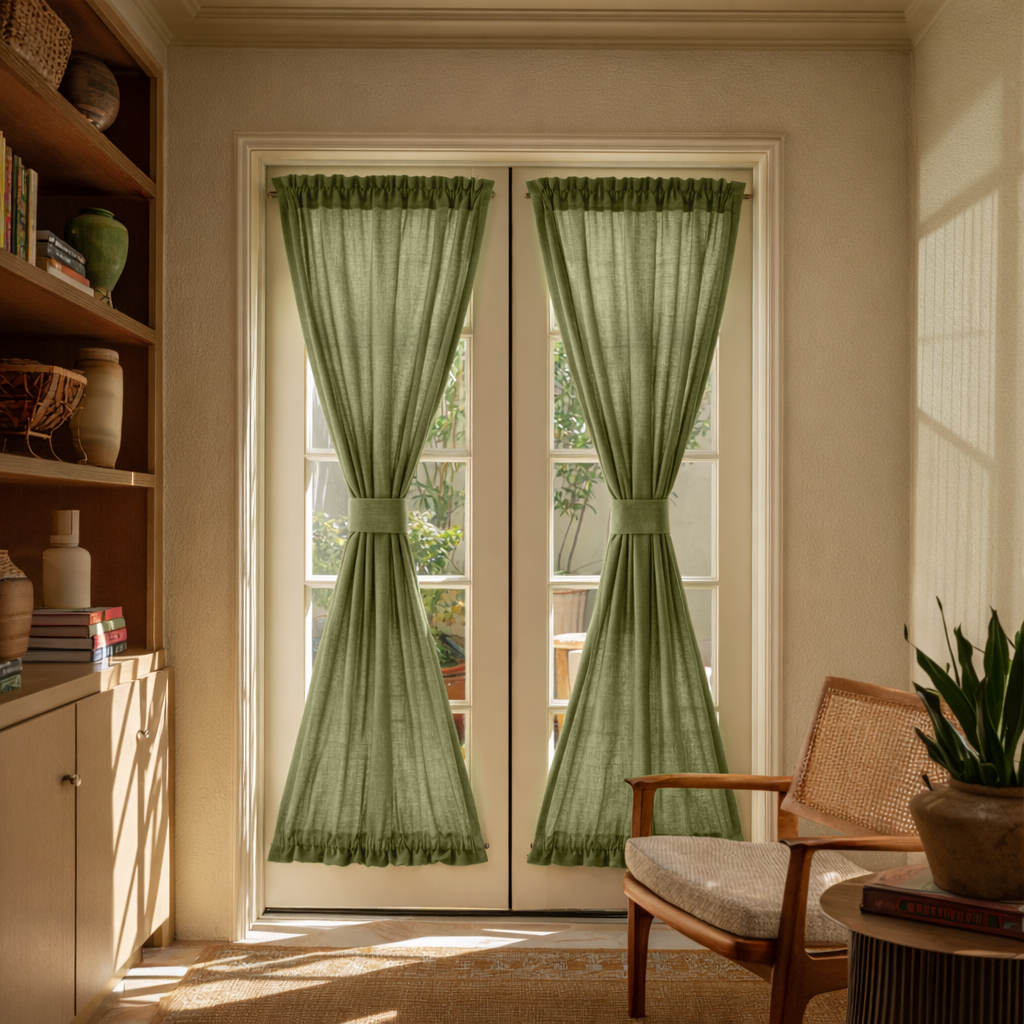Olive Green Linen French Door Curtains