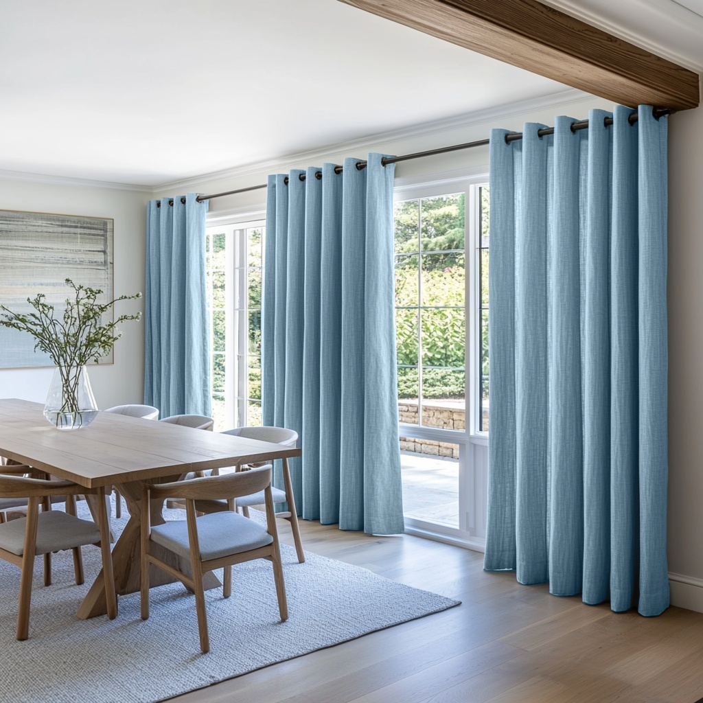 Sky Blue Linen Eyelet Curtains - Cotton Lining