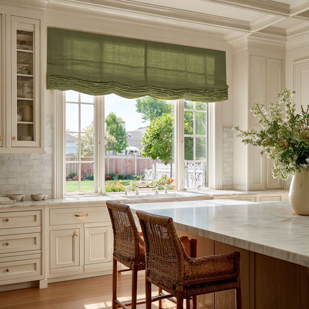 Olive Green Linen Relaxed Roman Blinds in an Elegant Kitchen with Cream Cabinetry