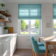 Aquamarine Blue Linen Roman Blinds in a Bright Minimal Kitchen with Open Wood Shelving