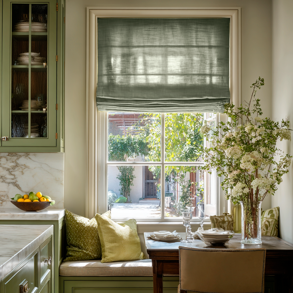 Asparagus Green Linen Roman Blinds in an Elegant Breakfast Nook with Sage Cabinetry