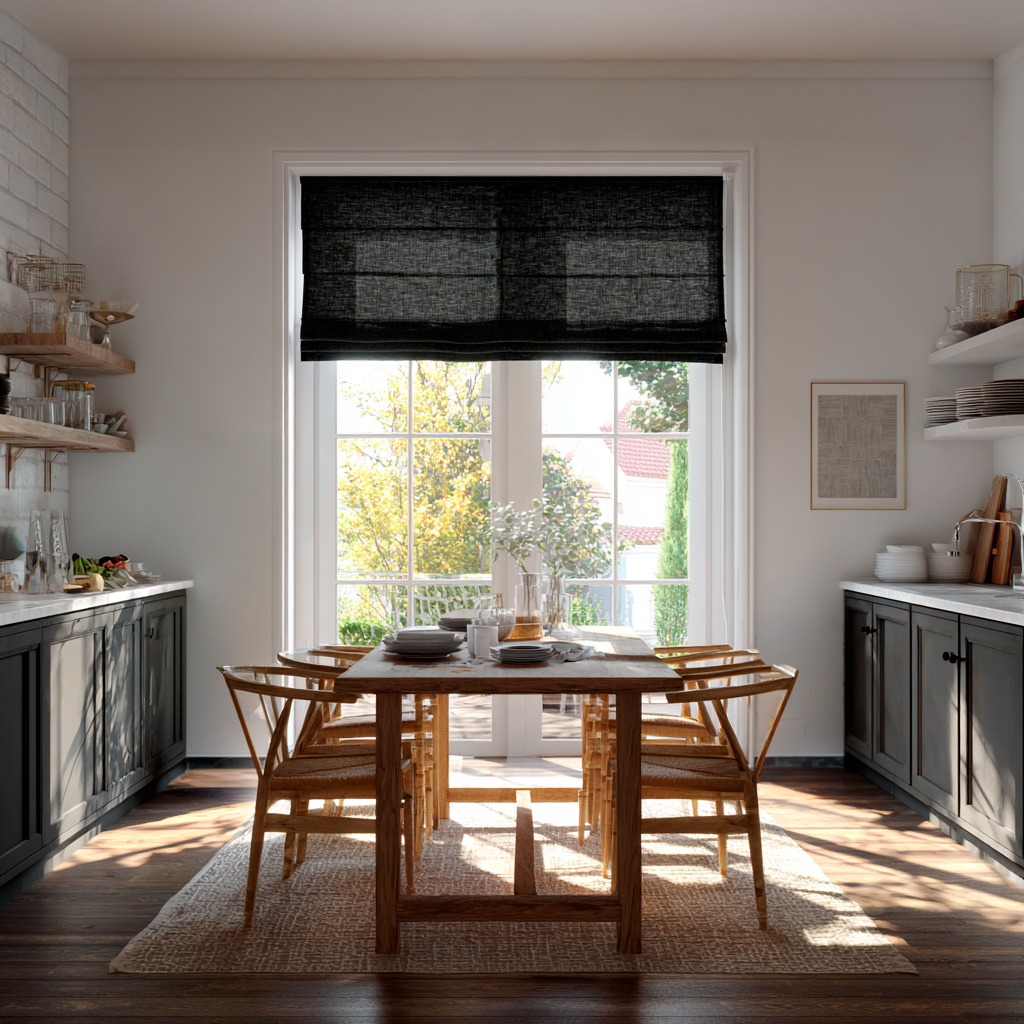 Black Linen Roman Blinds in a Minimal Dining Kitchen with Black Cabinetry