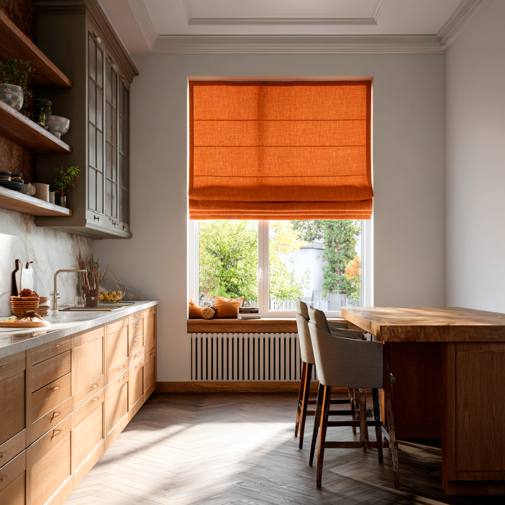 Burnt Orange Linen Roman Shades in a Warm Minimal Kitchen with Light Wood Cabinetry