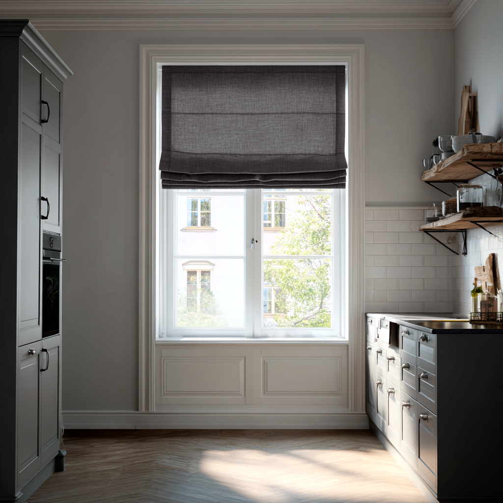 Charcoal Grey Linen Roman Blinds in a Minimal Kitchen with Grey Cabinetry