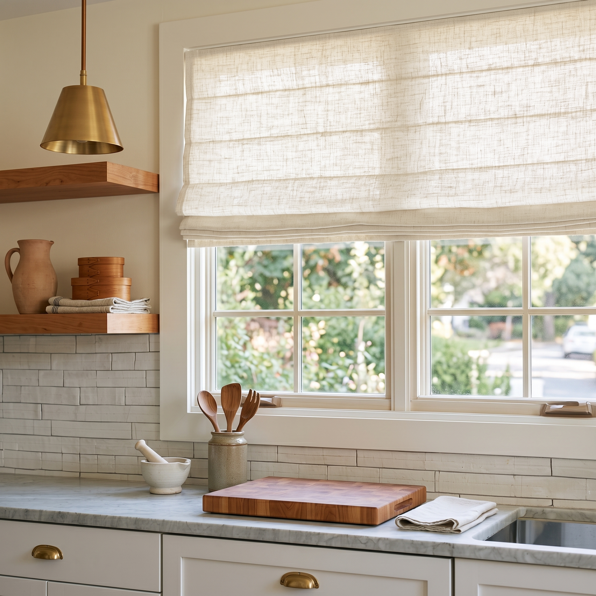 Cream Linen Kitchen Roman Blinds in a Warm Kitchen with White Cabinets and Wood Shelving