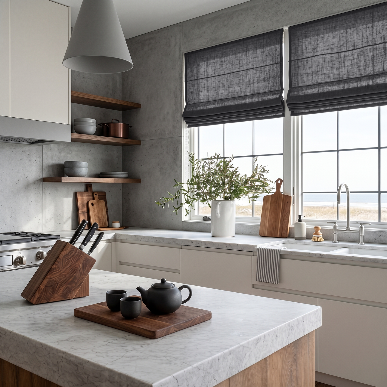 Dim Grey Linen Roman Blinds in a Modern Kitchen with Concrete Walls