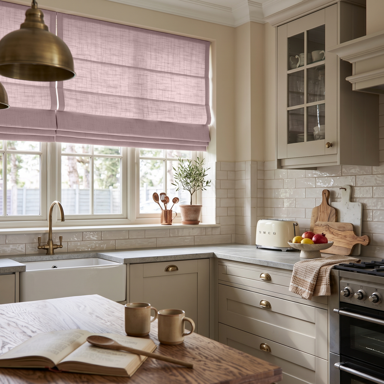 Dusty Pink Linen Roman Blinds in a Cozy Classic Kitchen with Cream Cabinetry