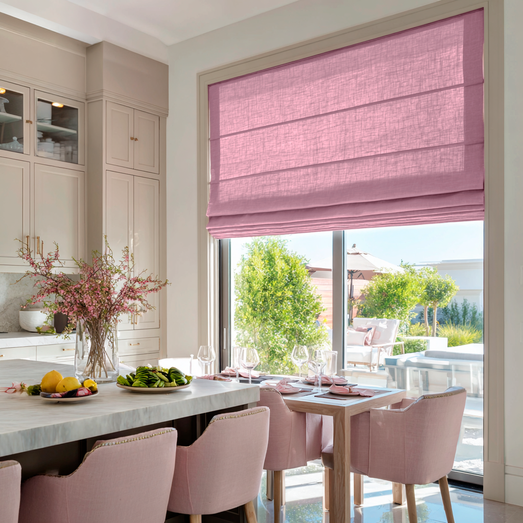 Dusty Rose Linen Roman Blinds in an Elegant Dining Kitchen with Pale Cabinetry