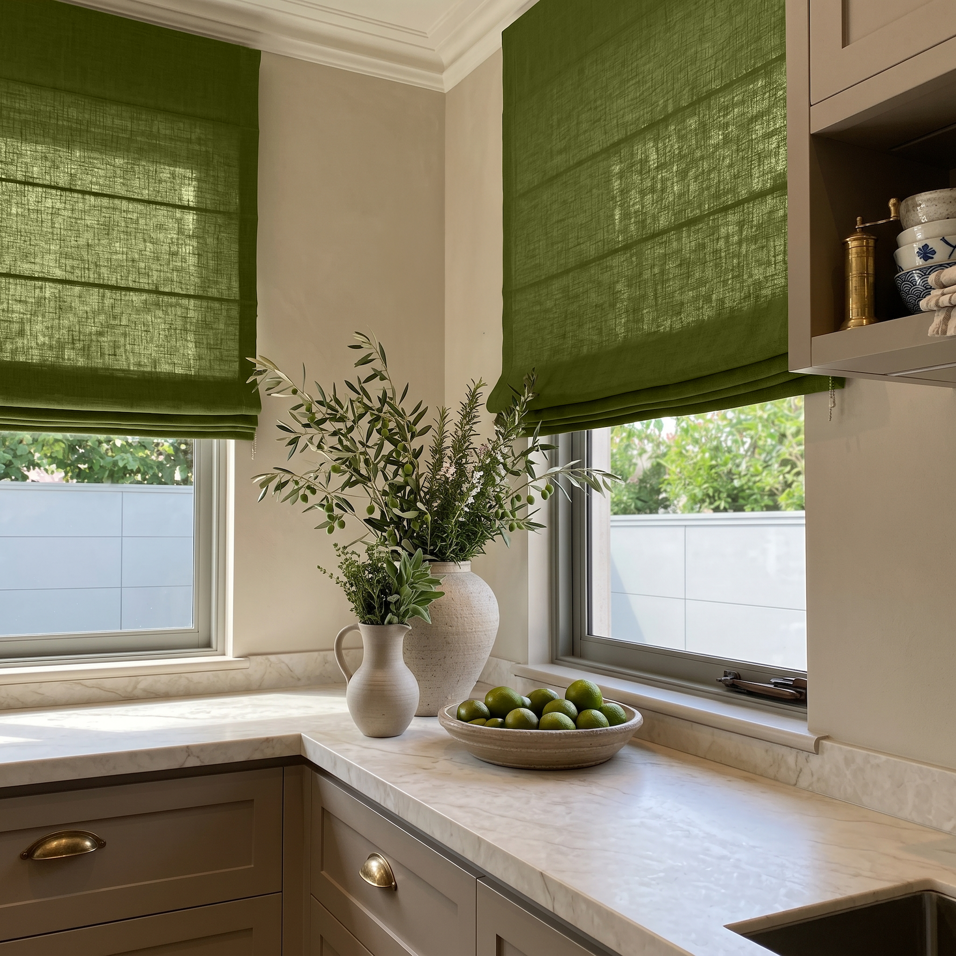 Moss Green Linen Roman Blinds in a Classic Kitchen with Marble Counters
