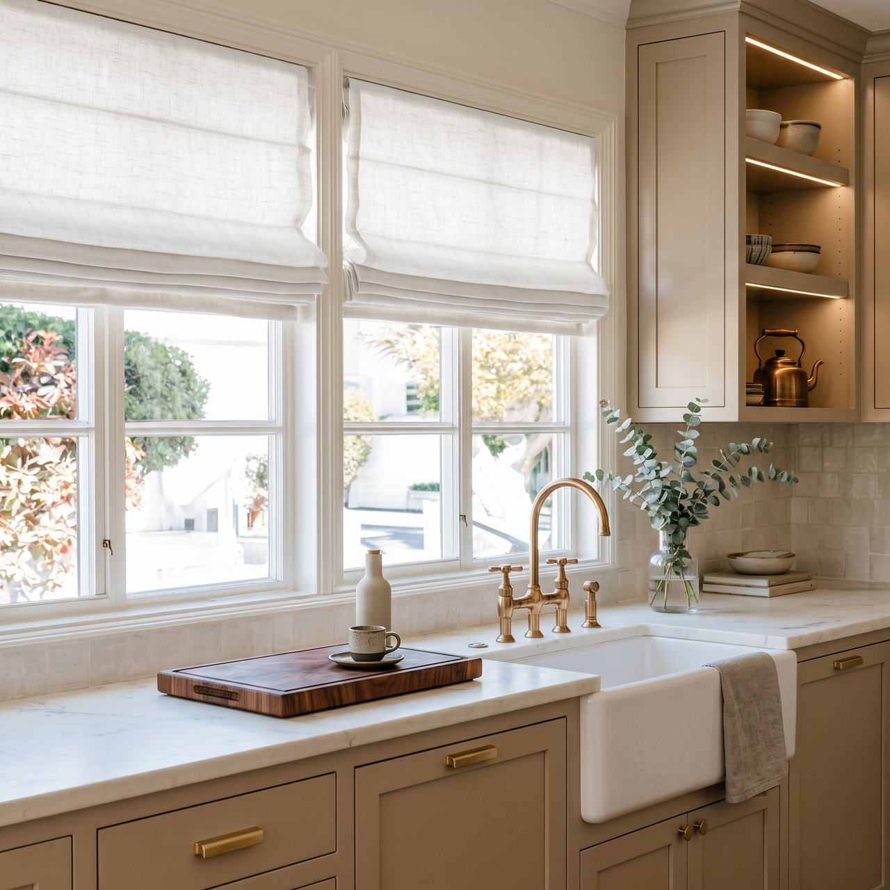 Off-White Linen Kitchen Roman Blinds in a Bright Traditional Kitchen with a Farmhouse Sink