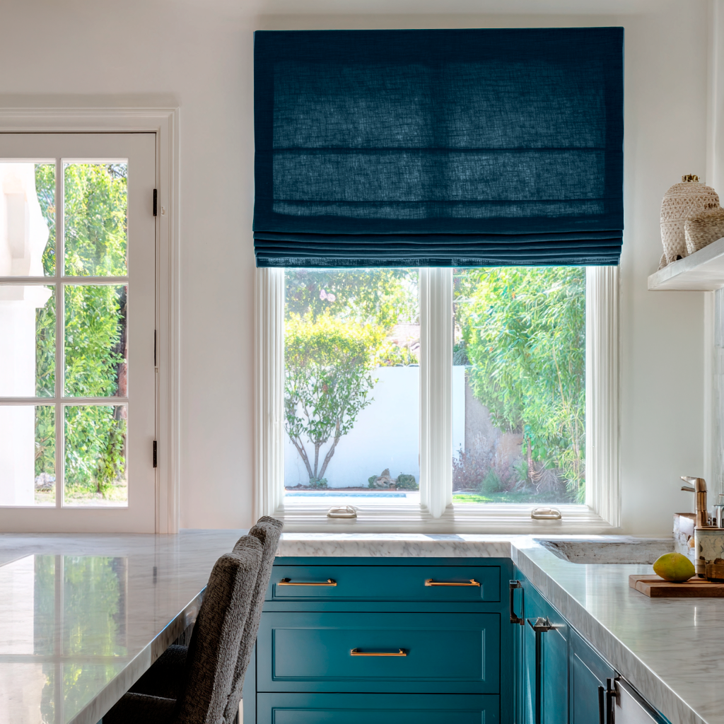Peacock Blue Linen Roman Blinds in a Bright Modern Kitchen with White Walls