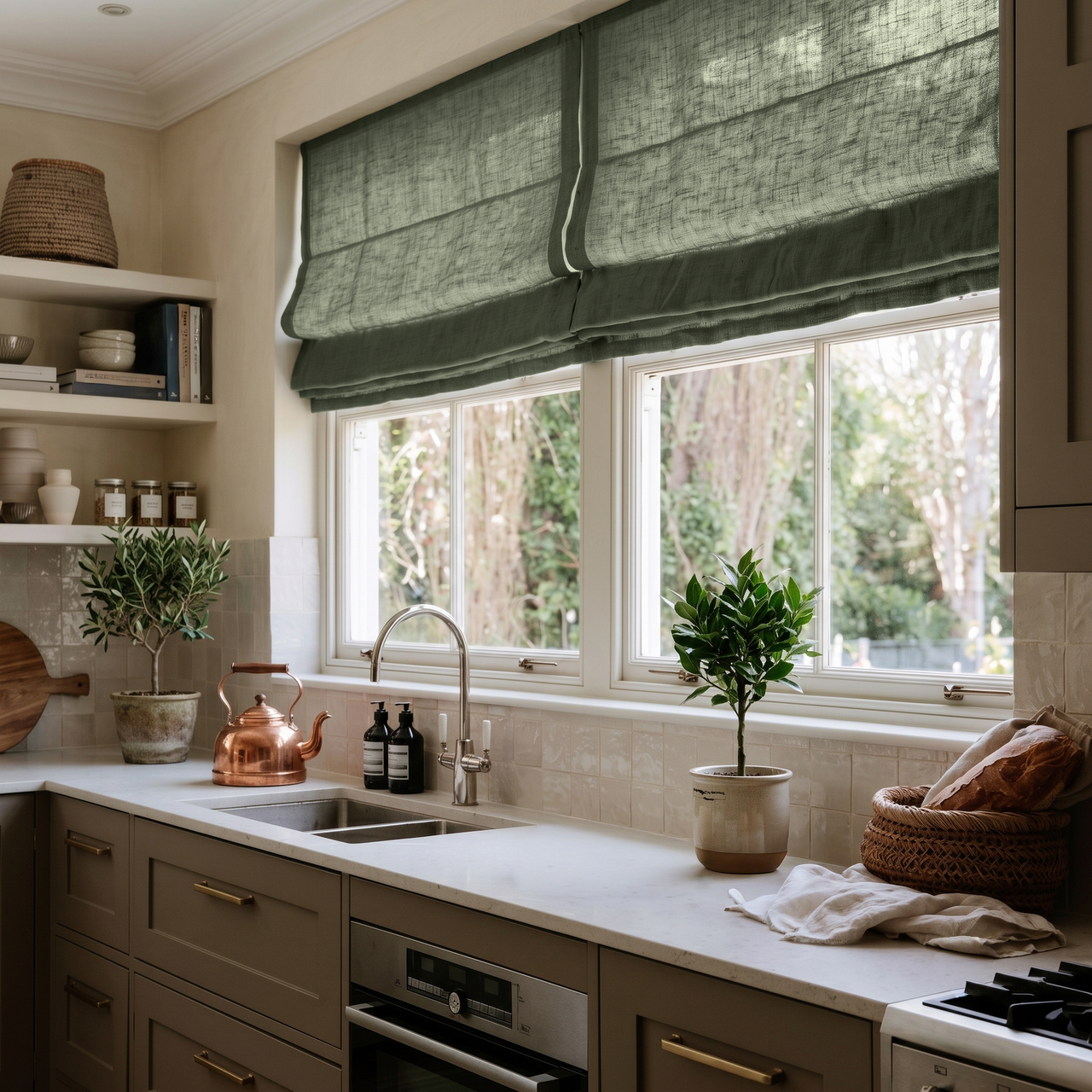 Sage Green Linen Roman Blinds in a Warm Modern Kitchen with Double Windows