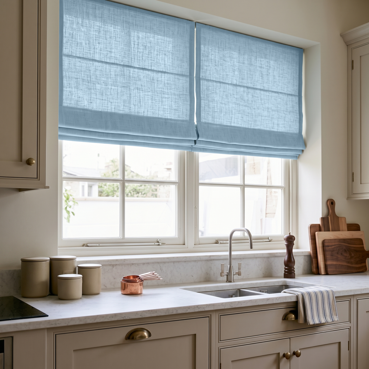 Sky Blue Linen Roman Blinds in a Bright Traditional Kitchen with Cream Cabinetry