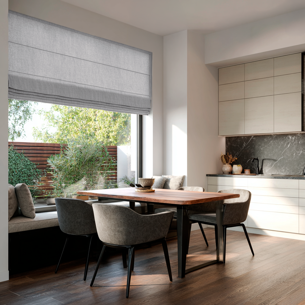 Stone Grey Linen Roman Blinds in a Contemporary Dining Kitchen with Light Wood Cabinets