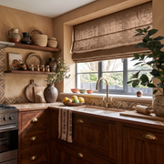 Tawny Brown Linen Roman Blinds in a Warm Rustic Kitchen with Plaster Walls